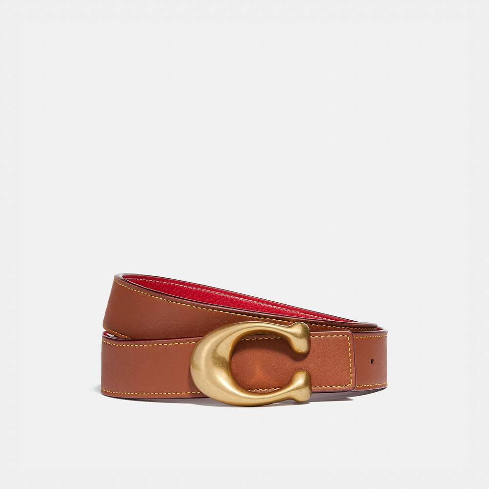 Coach Brown Leather Belt with Gold C Buckle and Red Lining